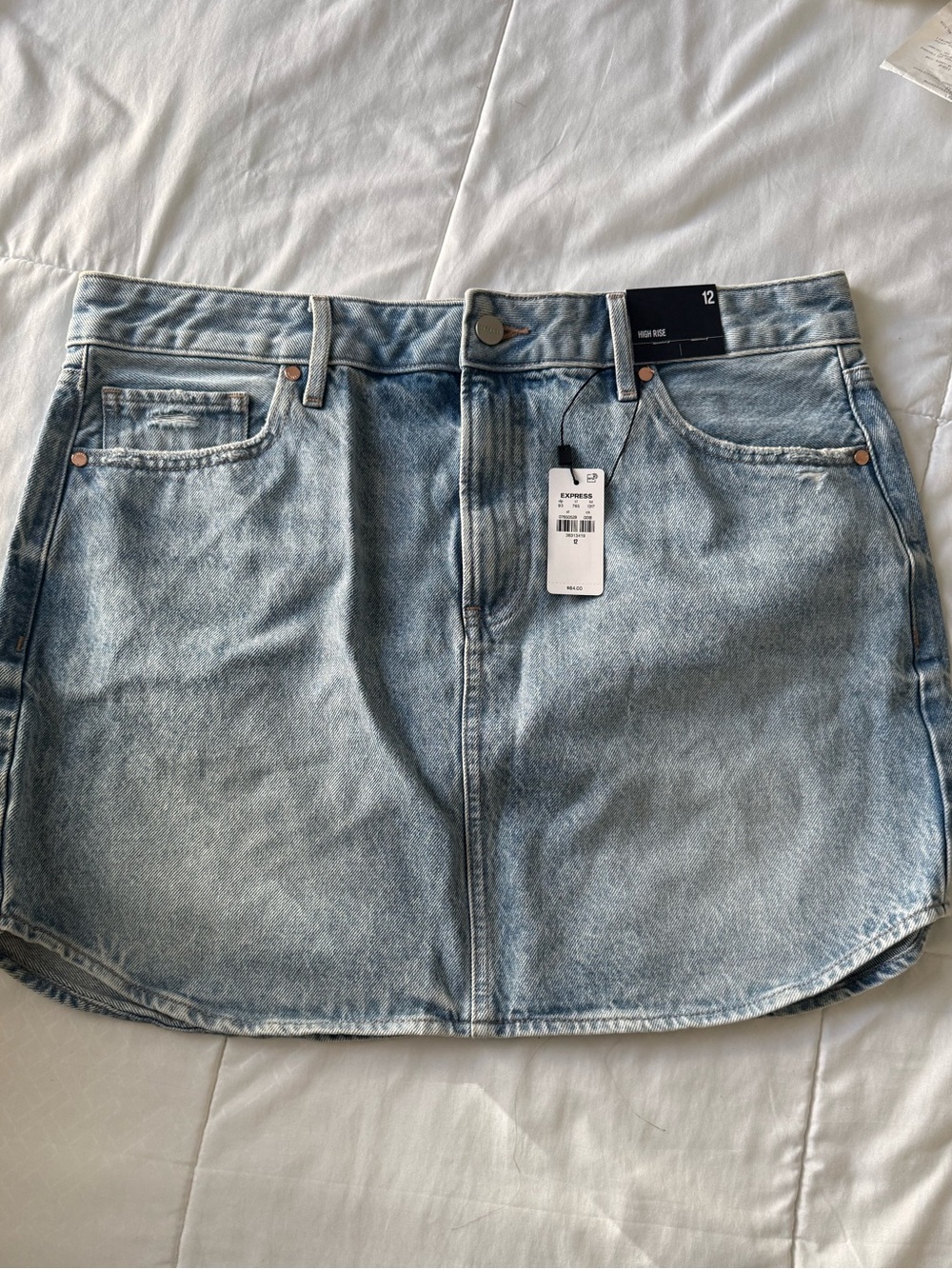 Express High Rise Light Wash Denim Mini Skirt